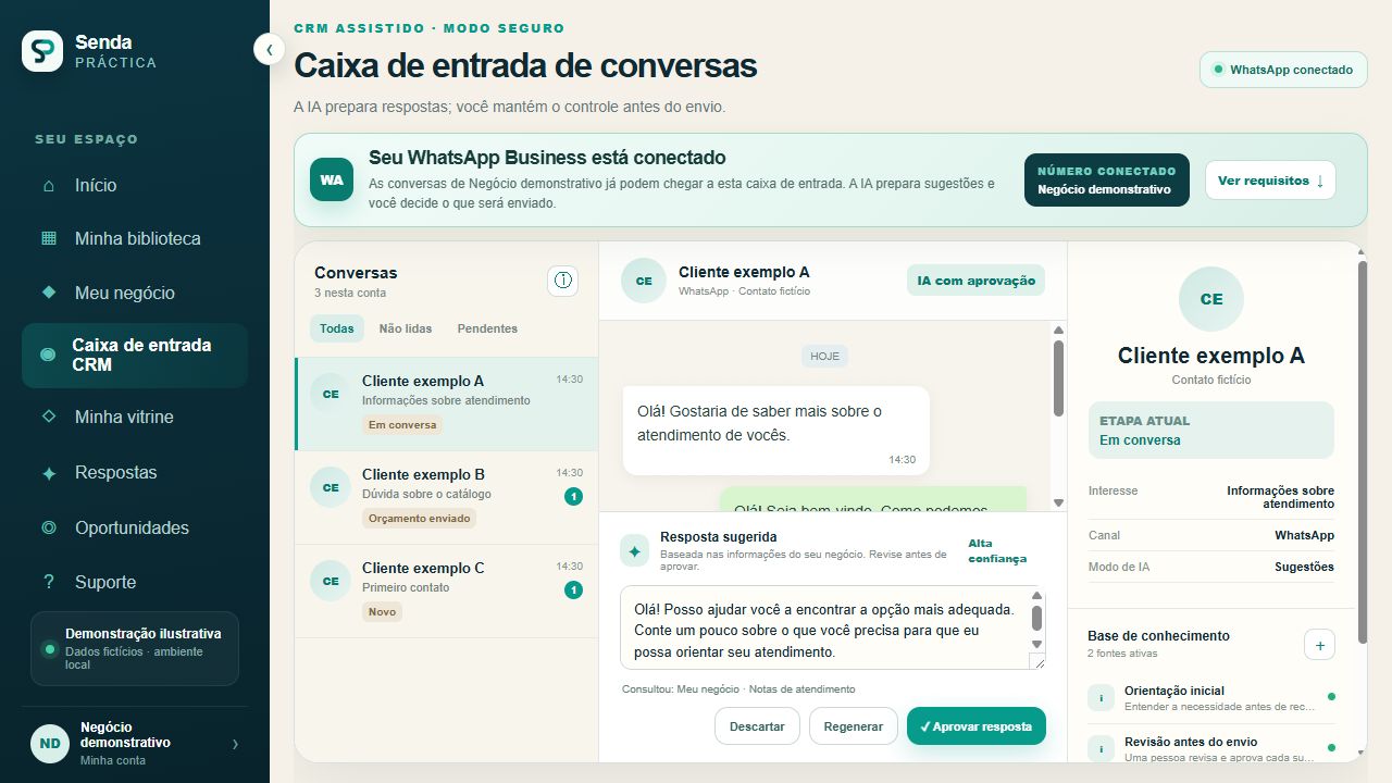 Demonstração ilustrativa do CRM Senda Conecta em português, com dados fictícios